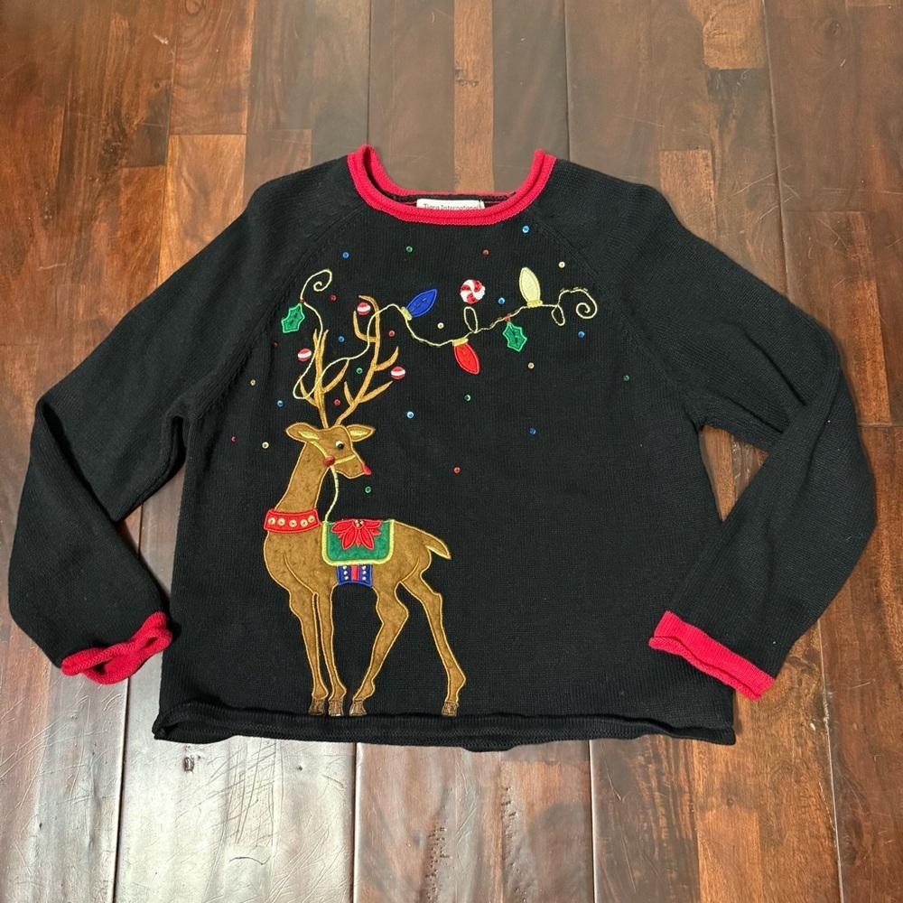 Vintage Tiara International Christmas Sweater Size Medium Reindeer Black